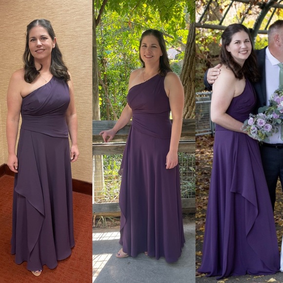 David’s Bridal one shoulder Georgette long bridesmaid dress in PLUM, Size 12 - Picture 4 of 6